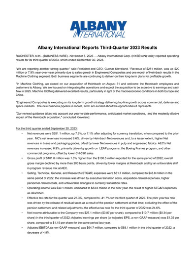 Vorschaubild Albany International
 Quartalsbericht 2023-q3