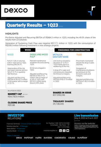 Thumbnail Dexco Quarterly Report 2023-q1