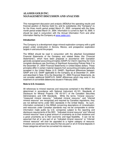 Vorschaubild Alamos Gold Quartalsbericht 2005-q1