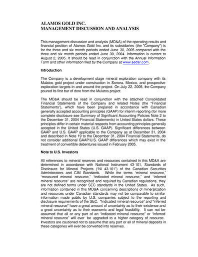 Vorschaubild Alamos Gold Quartalsbericht 2005-q2