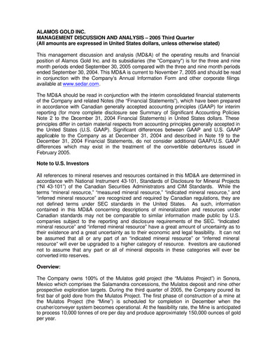 Vorschaubild Alamos Gold Quartalsbericht 2005-q3