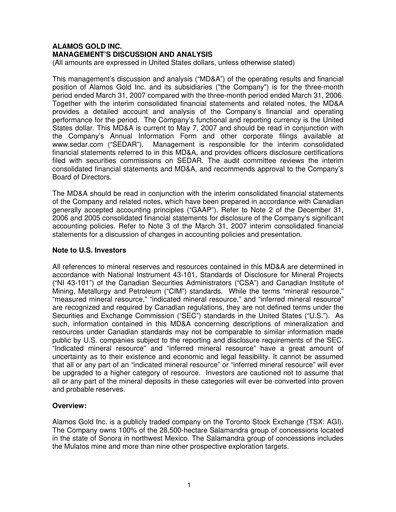 Vorschaubild Alamos Gold Quartalsbericht 2007-q1
