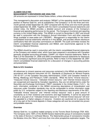 Vorschaubild Alamos Gold Quartalsbericht 2007-q3