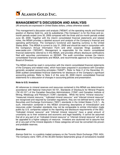 Vorschaubild Alamos Gold Quartalsbericht 2009-q2