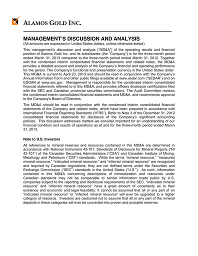 Vorschaubild Alamos Gold Quartalsbericht 2013-q1