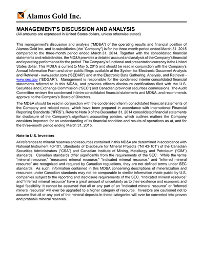 Vorschaubild Alamos Gold Quartalsbericht 2015-q1