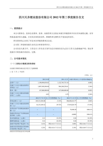 Thumbnail Tianqi Lithium Quarterly Report 2012-q3