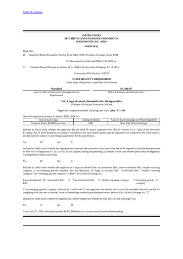 Thumbnail Agree Realty
 Quarterly Report 2020-q1