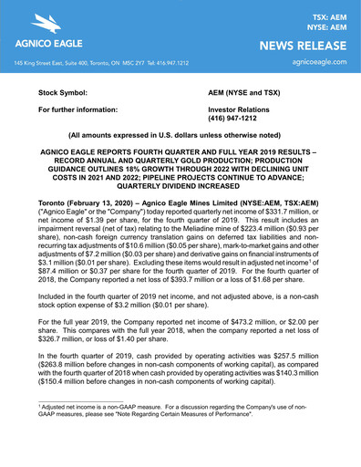 Thumbnail Agnico Eagle Mines Financial Statement 2019