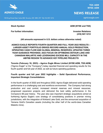 Thumbnail Agnico Eagle Mines Financial Statement 2022