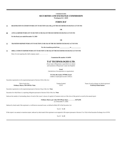Thumbnail TAT Technologies Annual Report 2020