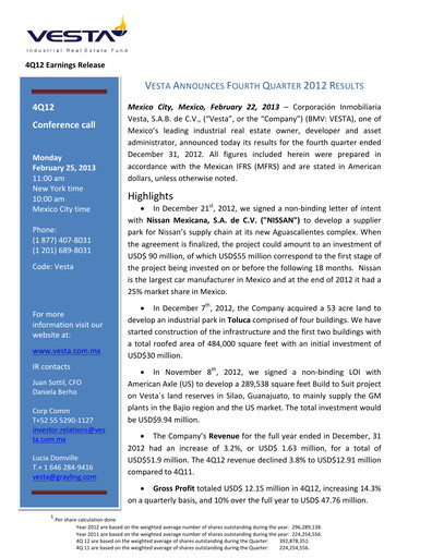 Vorschaubild Vesta Real Estate Quartalsbericht 2012-q4