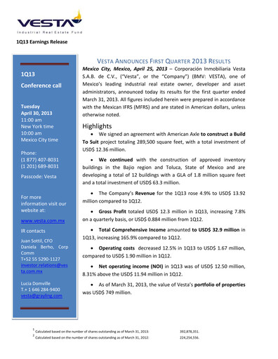 Vorschaubild Vesta Real Estate Quartalsbericht 2013-q1