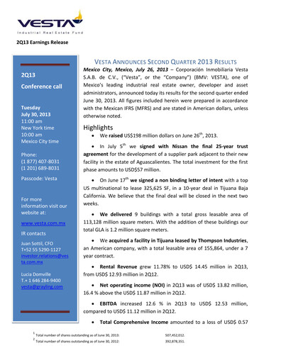 Vorschaubild Vesta Real Estate Quartalsbericht 2013-q2