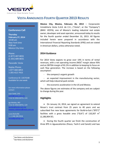 Vorschaubild Vesta Real Estate Quartalsbericht 2013-q4