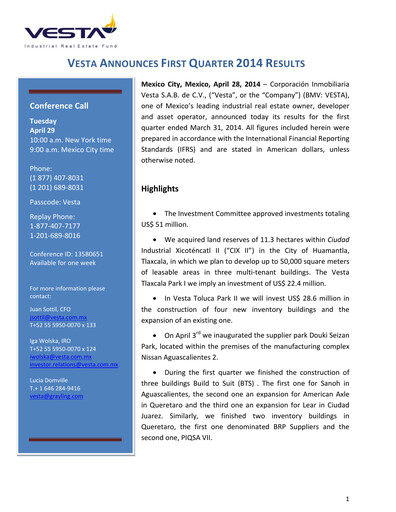 Vorschaubild Vesta Real Estate Quartalsbericht 2014-q1