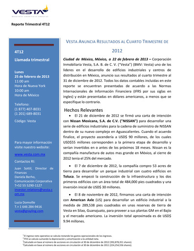Vorschaubild Vesta Real Estate Quartalsbericht 2012-q4