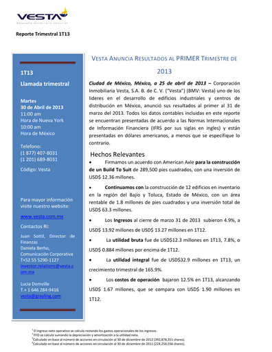 Vorschaubild Vesta Real Estate Quartalsbericht 2013-q1