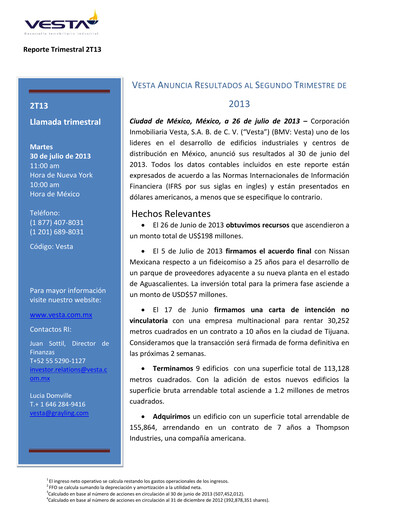 Vorschaubild Vesta Real Estate Quartalsbericht 2013-q2