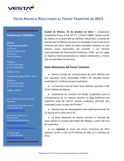 Vorschaubild Vesta Real Estate Quartalsbericht 2013-q3