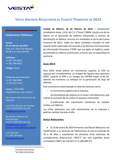 Vorschaubild Vesta Real Estate Quartalsbericht 2013-q4