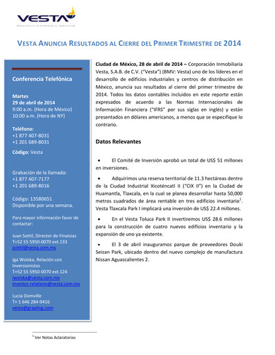 Vorschaubild Vesta Real Estate Quartalsbericht 2014-q1