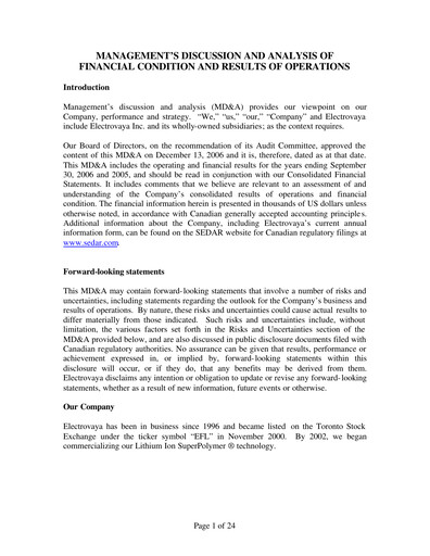 Thumbnail Electrovaya Financial Report fy2006