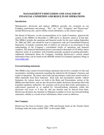 Thumbnail Electrovaya Financial Report fy2008