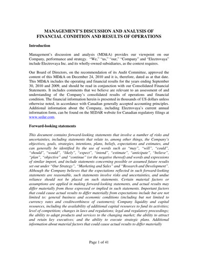 Thumbnail Electrovaya Financial Report fy2010