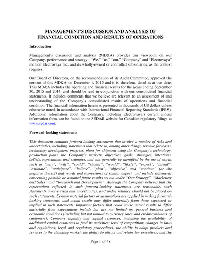 Thumbnail Electrovaya Financial Report fy2015