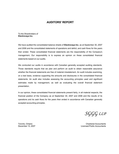 Thumbnail Electrovaya Financial Statement fy2007