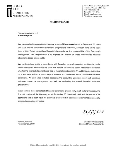 Thumbnail Electrovaya Financial Statement fy2009