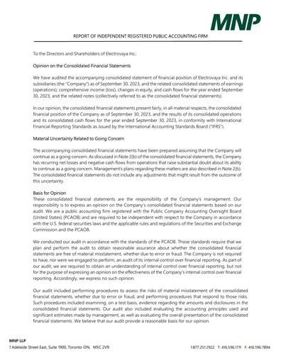 Thumbnail Electrovaya Financial Statement fy2023