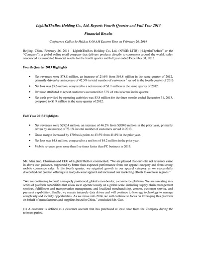 Thumbnail LightInTheBox Holding Quarterly Report 2013-q4