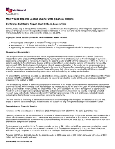 Thumbnail MediWound Financial Report 2015-q2
