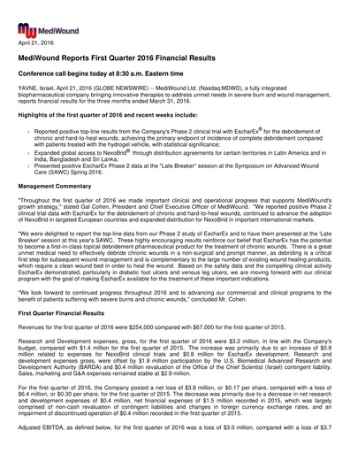 Thumbnail MediWound Financial Report 2016-q1