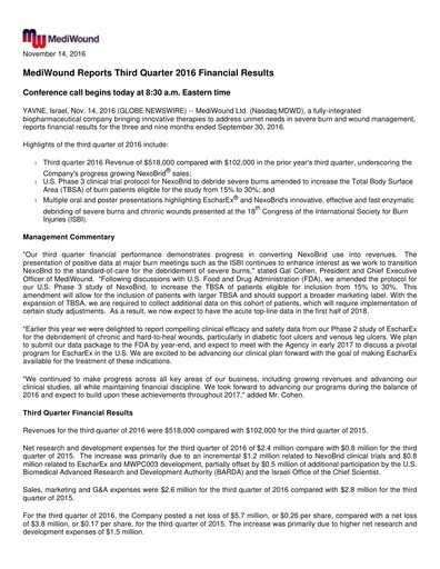 Thumbnail MediWound Financial Report 2016-q3