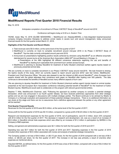Thumbnail MediWound Financial Report 2018-q1