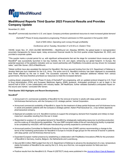 Thumbnail MediWound Financial Report 2023-q3