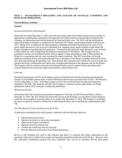 Thumbnail International Tower Hill Mines Annual Report 2014