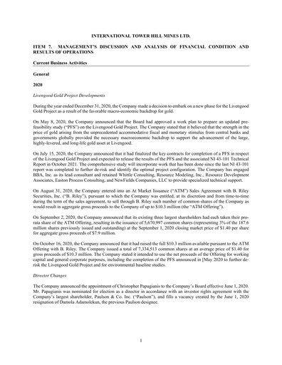 Thumbnail International Tower Hill Mines Annual Report 2020