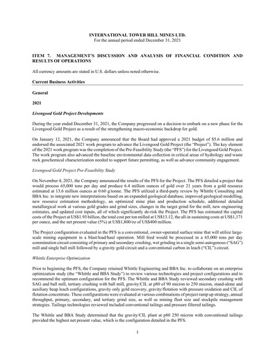 Thumbnail International Tower Hill Mines Annual Report 2021