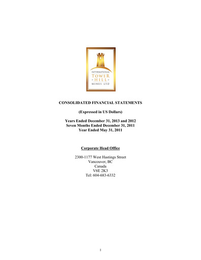 Thumbnail International Tower Hill Mines Financial Statement 2013