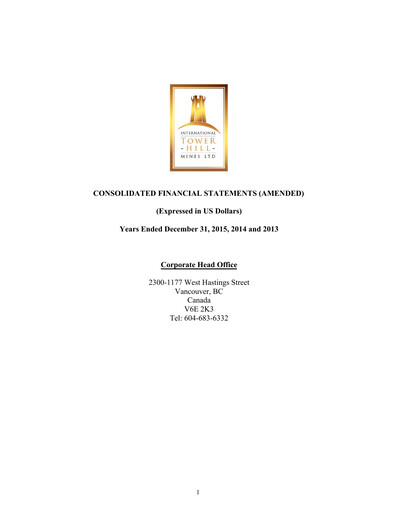 Thumbnail International Tower Hill Mines Financial Statement 2015