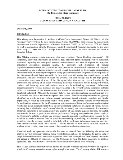 Thumbnail International Tower Hill Mines Quarterly Report 2009-q1