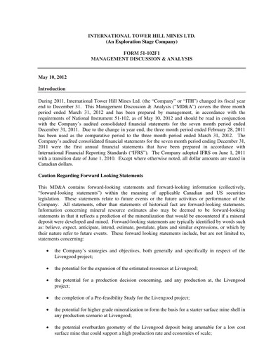 Thumbnail International Tower Hill Mines Quarterly Report 2012-q1