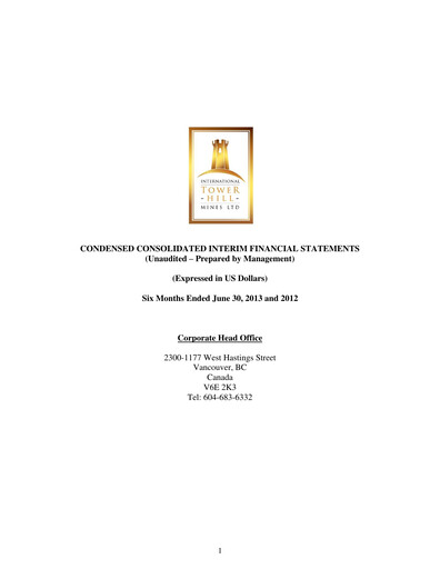 Thumbnail International Tower Hill Mines Quarterly Report 2013-q2
