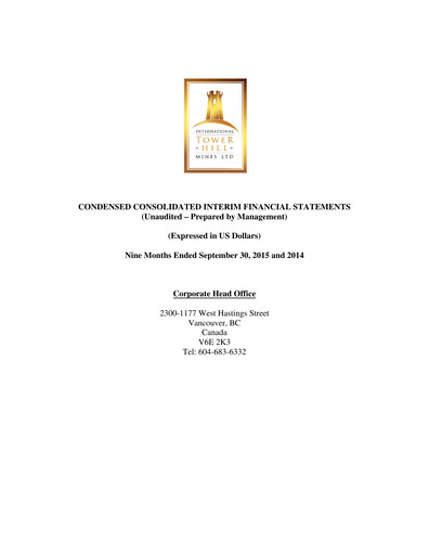 Thumbnail International Tower Hill Mines Quarterly Report 2015-q3