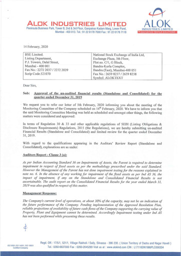 Thumbnail Alok Industries Quarterly Report 2019-q3