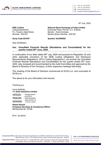 Thumbnail Alok Industries Quarterly Report 2024-q1